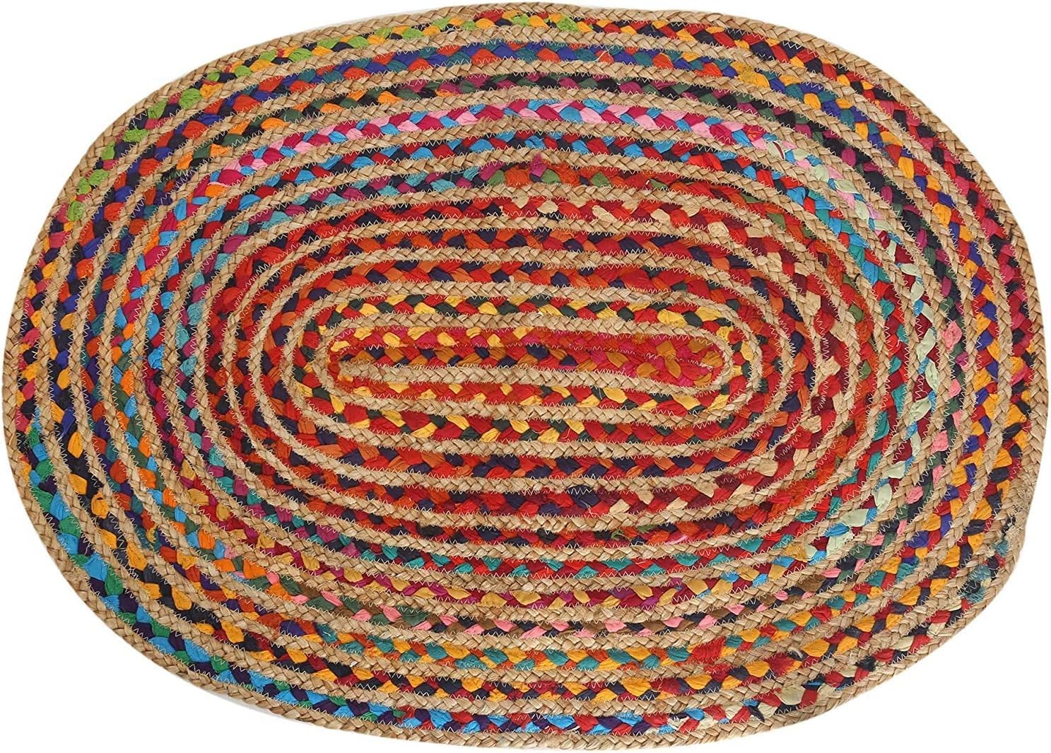 RAJRANG Chindi Jute Rag Rug Oval 90x60 cm Colorful Natural Recycled Cotton Braided Throw Rug Boho Rustic Doormat Farmhouse Living Room Bedroom Home Decor Reversible