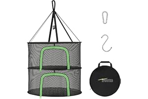 iPower Herb Drying Rack 2-Layer 2-Feet Hanging Mesh Net Dryer Collapsible with U-Shape Zippers, Pothook, Carabiner and Storage Pouch, for Hydroponics Flowers, Buds, Fruits, Seafoods, Clothes