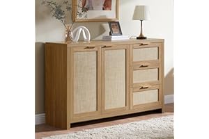OAKHAM HOME Hampstead 3 Drawer Storage Cabinet Accent Cabinet with 2 Door, Rattan Cabinet Sideboard Buffet Cabinet with Adjustable Interior Shelves for Living Room. (Weathered Oak)