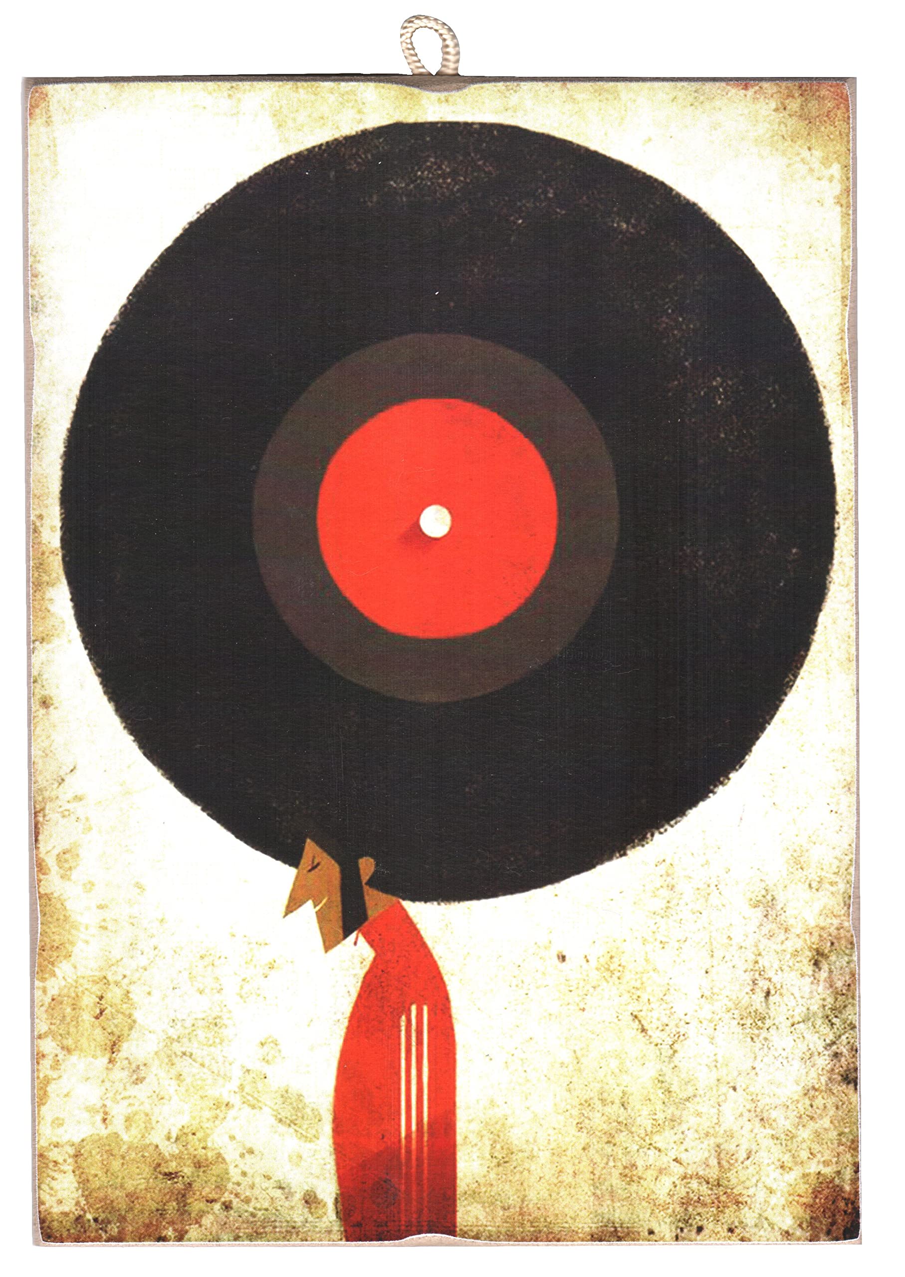 KUSTOM ART Picture Picture Vintage Style "Disco LP Vinyl In Head" from Collection Print on Wood. For Restaurant Furniture Pizzeria Bar Hotel 25x18 cm.