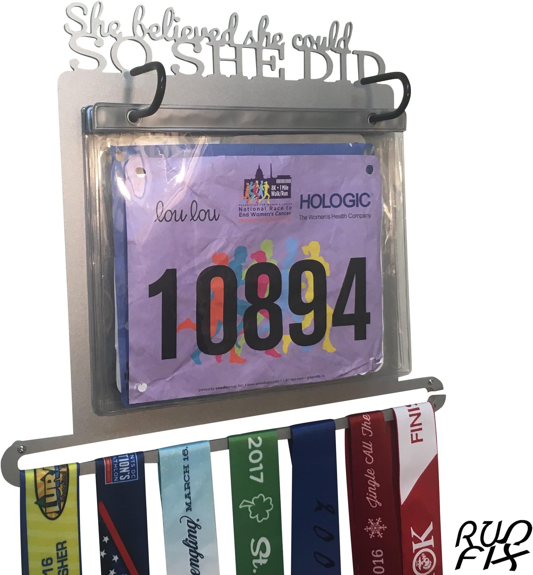 Race Bib and Medal Display - "She Believed She Could So She Did" Hanging and Race Medal Hanger (solid metal) in SILVER (Silver)