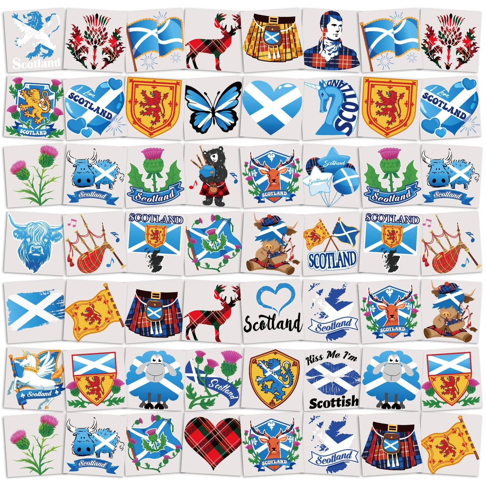 DPKOW 72pcs Scottish Temporary Tattoos Burns Night Accessories, Waterproof Scottish Flag Temporary Tattoos Thistle I Love Scotland Tattoo Party Favors Burns Night Decorations