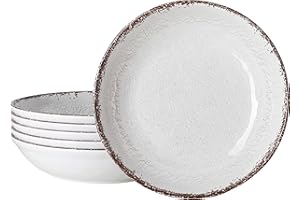 LEHAHA Farmhouse Pasta Bowls, Set of 6, White Melamine Rustic 42 oz Shallow Bowl, Large Salad Bowl, Deep Pasta plate, Dishwas