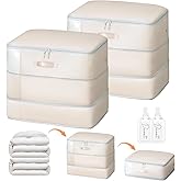 Easortm Comforter Storage Bag - Large Capacity Blanket Storage Bags 3-Layer Ultra Space Saving Self Compression Organizer, Washable Compression Bags for Storage Comforter Blanket, 2-Pack, Beige