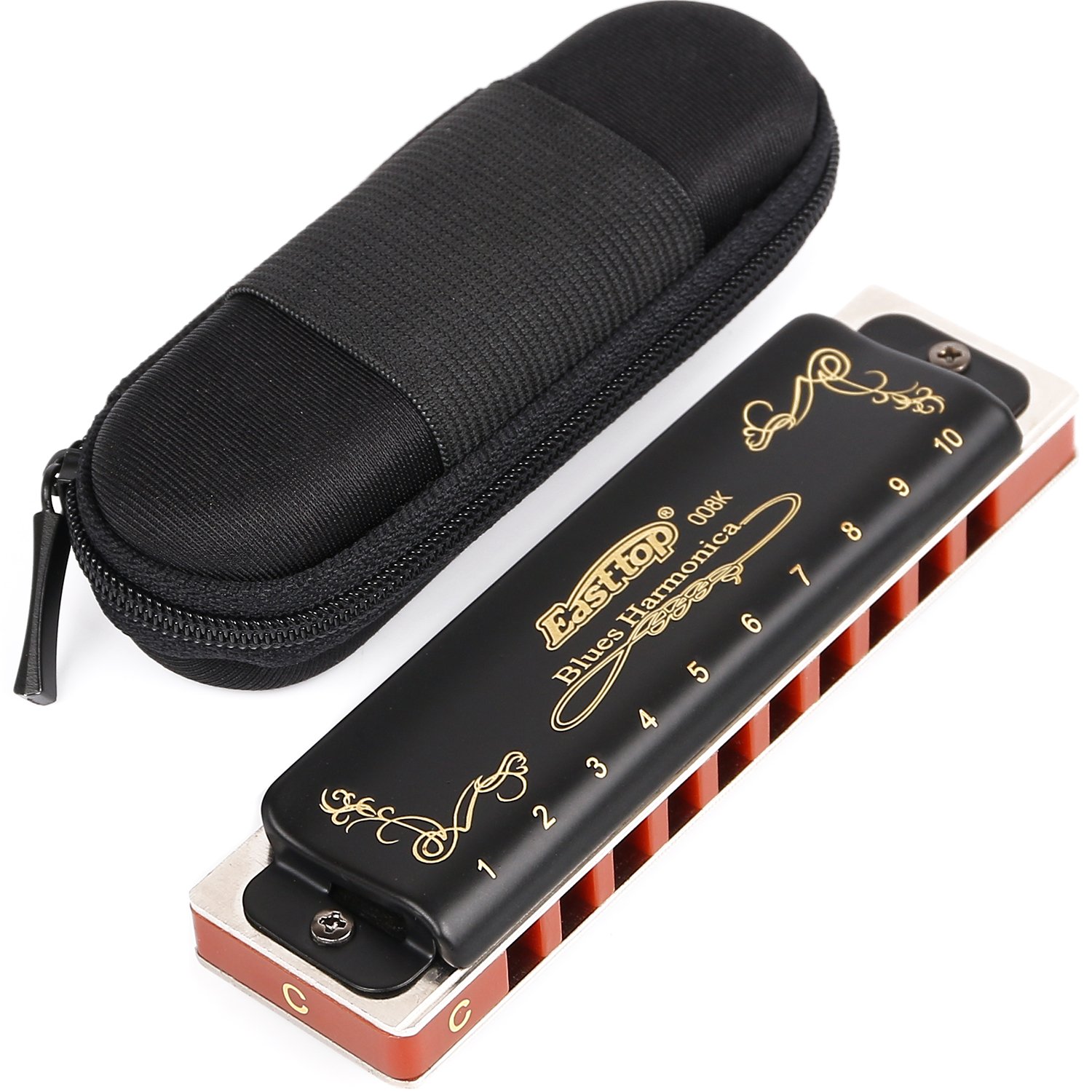 Anwenk Harmonica Key of C 10 Hole 20 Tone Harmonica C Blues with Case Top Grade Heavy Duty for Professional Player,Beginner Gift(East Top)- Black