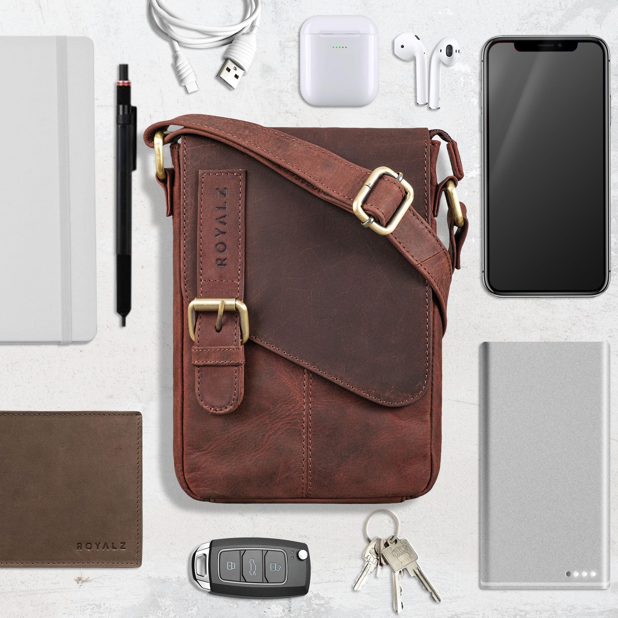 ROYALZ 'Louisiana' Leder Umhängetasche Klein für Männer Herren Ledertasche Mini Seitentasche Vintage Look Tasche zum Umhängen, Farbe:Ohio Braun 5