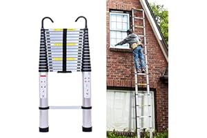 DICN Aluminum Telescoping Ladder 20.3FT 6.2M Extension Tall Loft Ladder with Hooks Slow Down Design Extendable Ladders Portable for Household Daily Outdoor Activities, 330 Pound Capacity Silver