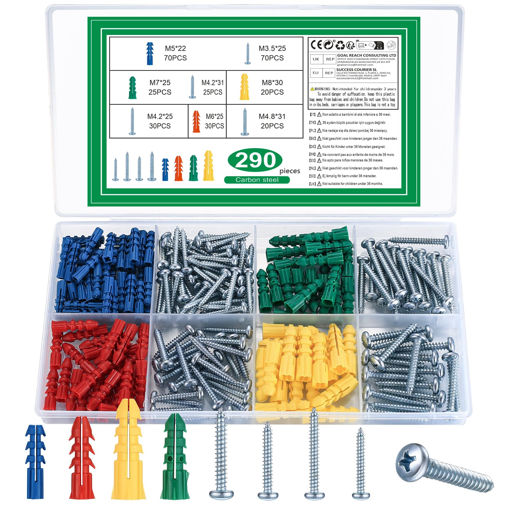 290 Pcs Drywall Screws and Wall Plugs Kit, Plastic Expansion Drywall Plugs and Self Tapping Pan Head Screw for Masonry Concrete Brick Wal Plasterboard Fixings