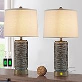 RORIA Set of 2 Farmhouse Table Lamps for Living Room Bedroom, 3 Way Dimmable Touch Nightstand Lamp with 2 USB Port, Rustic Vi