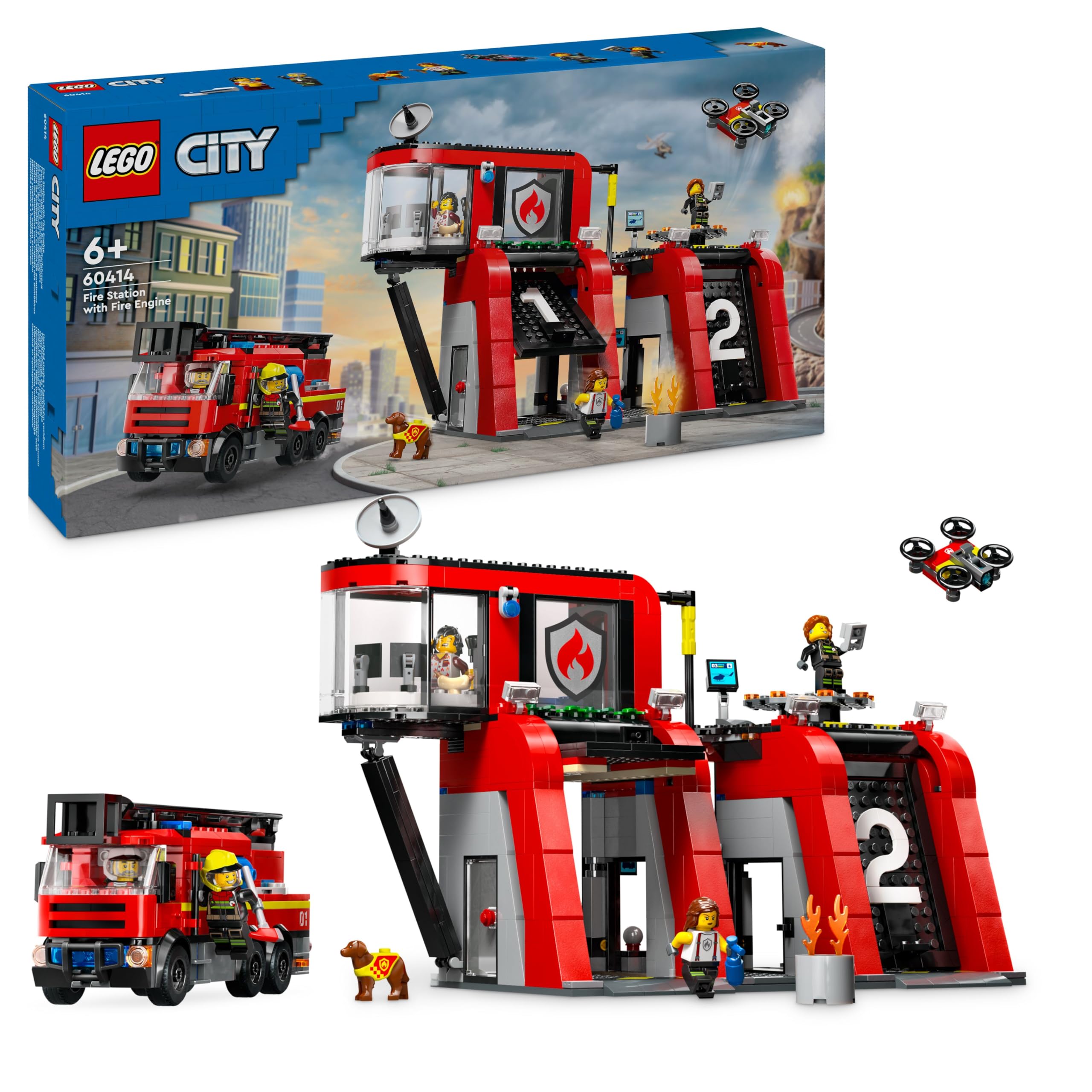 LEGO City Caserma dei Pompieri e Autopompa, Stazione con Camion Giocattolo d'Emergenza, 6 Minifigure, Cane e Accessori, Gioco d'Azione dei Vigili del Fuoco per Bambini e Bambine da 6 Anni in su 60414
