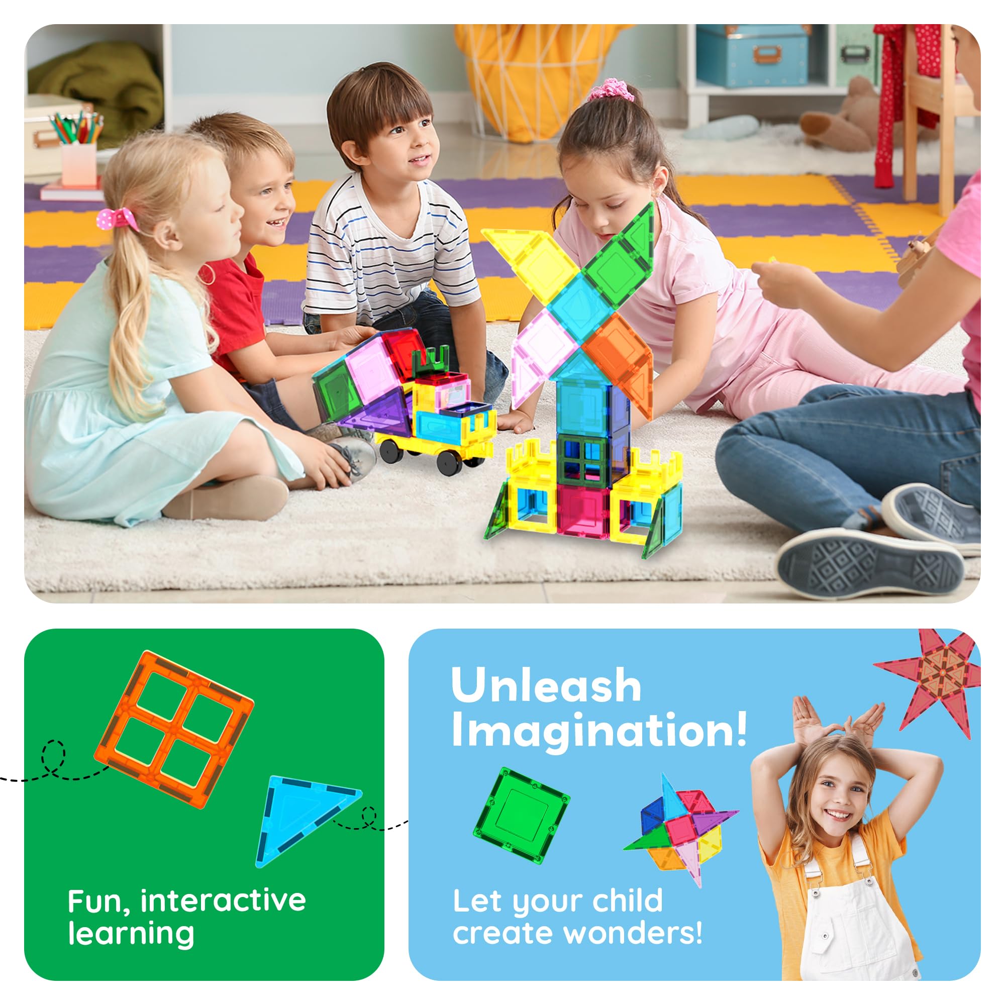 PicassoTiles 101 PCs Magnetic Tiles Building Blocks with Car & Drawstring Carry Bag Toy Storage Magnet Block for Toddlers Kids STEM Toy Set Educational Tile Learning Brain Development Ages 3+ PC101