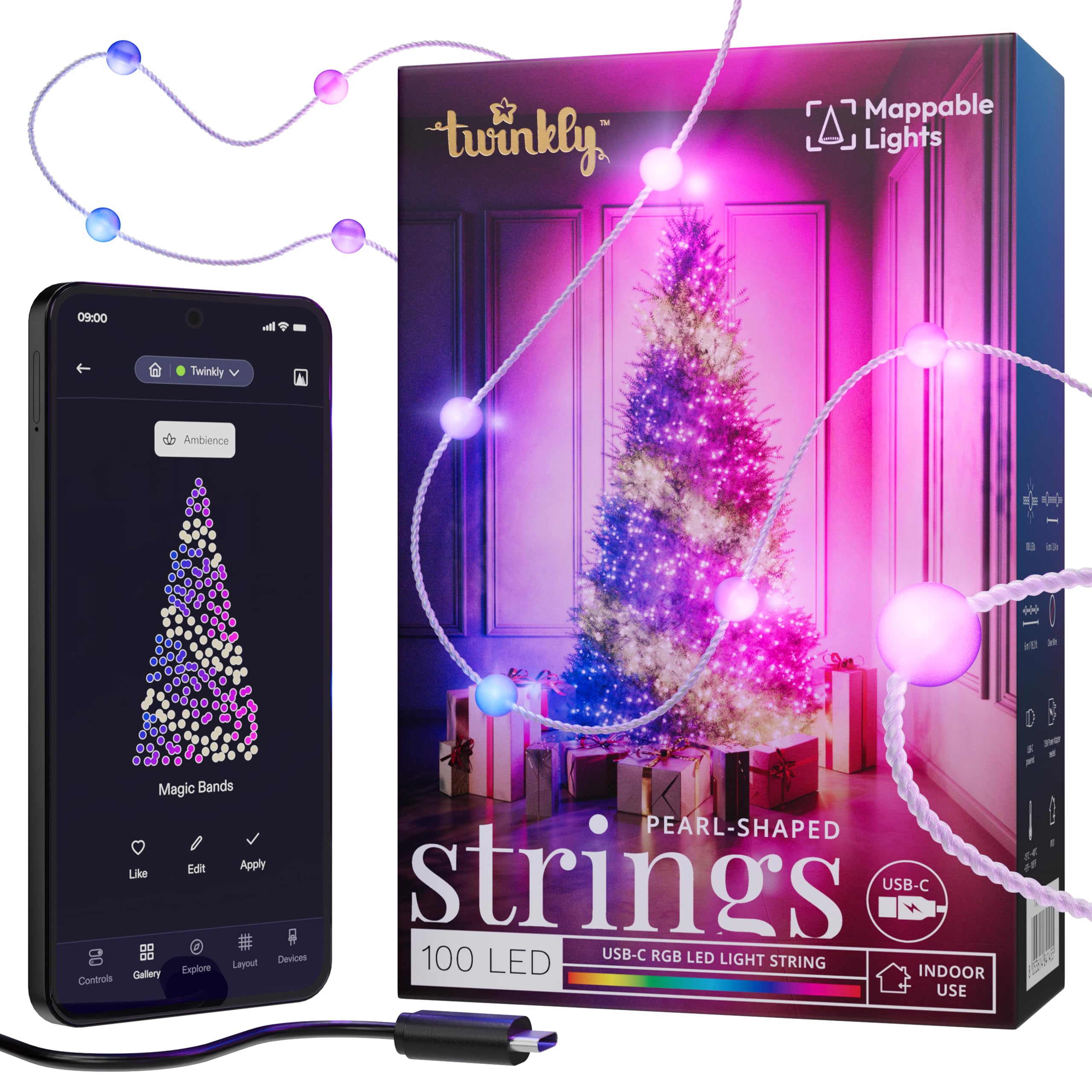 Twinkly Strings USB-C Pearls 100 LED, Pearl Shape LED Light String, Christmas Lights, RGB Multicolor LED Lights, Mappable LEDs, Compatible with Alexa, Google Home, USB-C Power, Transparent Wire, 6m โ image 1