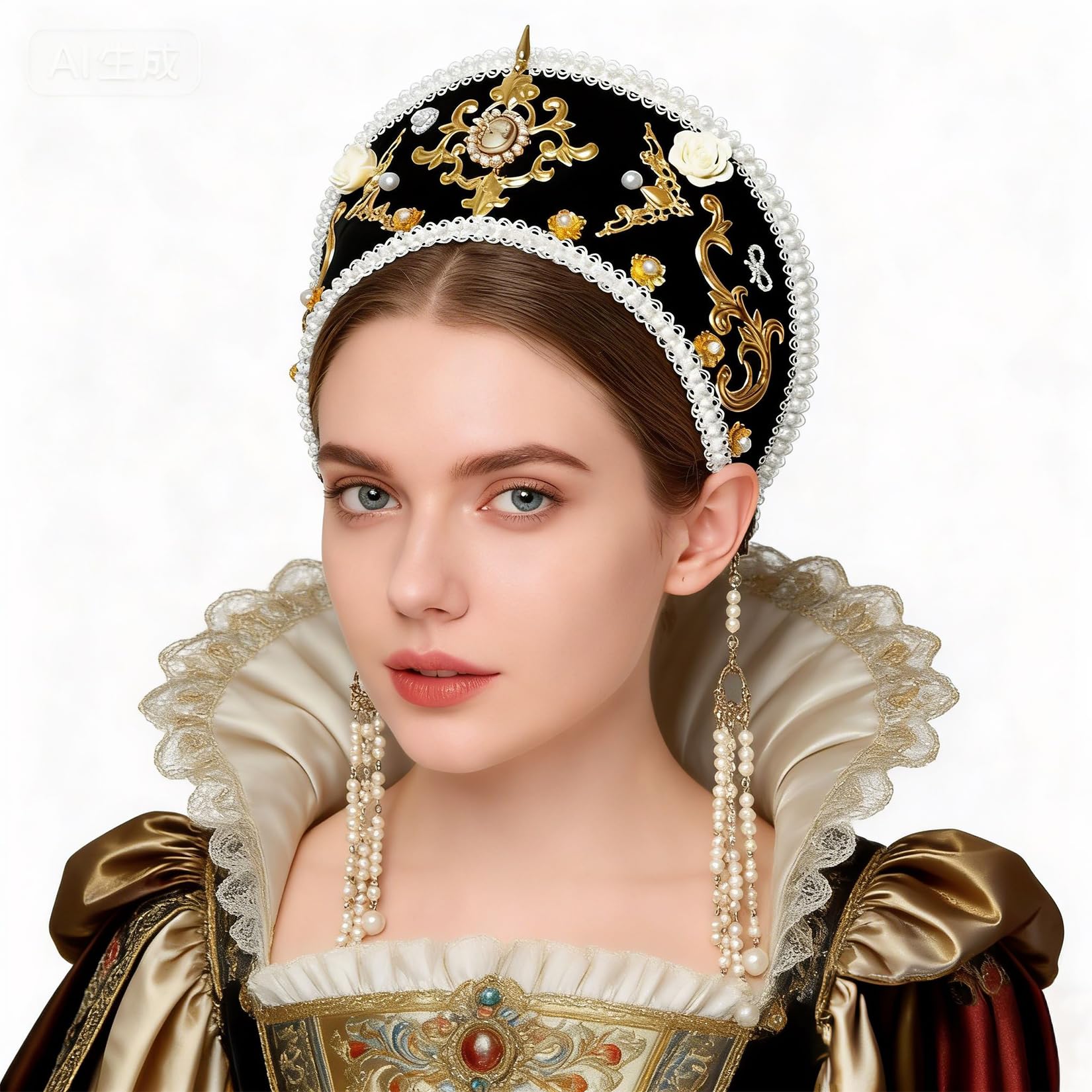 BPURB Anne Boleyn Headband Elizabethan Victorian Royal Coronet Hood Tiara Hat Medieval Renaissance Tudor Queen Headpiece for Women — image 1
