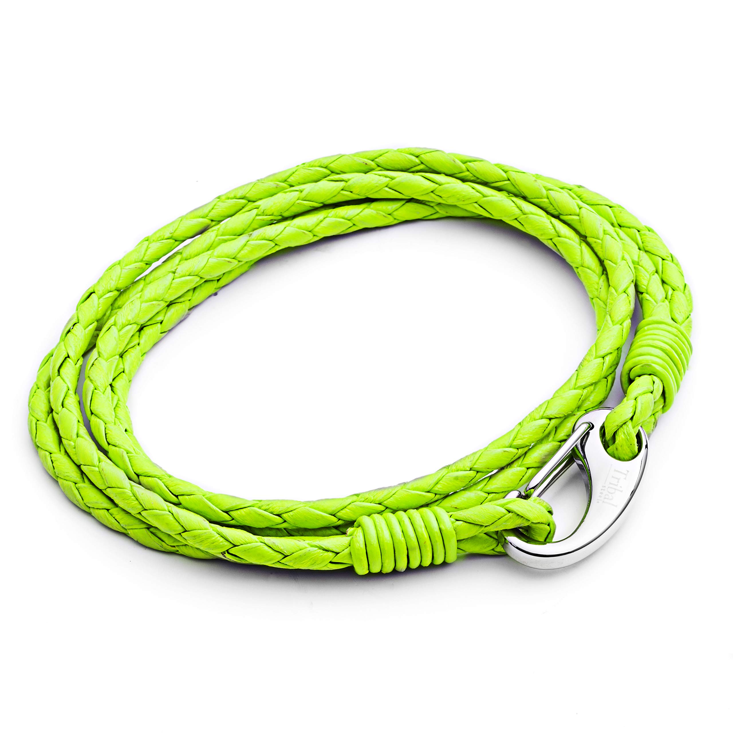 Mens Vibrant Green Plaited Leather Double Wrap Bracelet with Stainless Steel Shrimp Clasp 21cm by Tribal Steel for Men