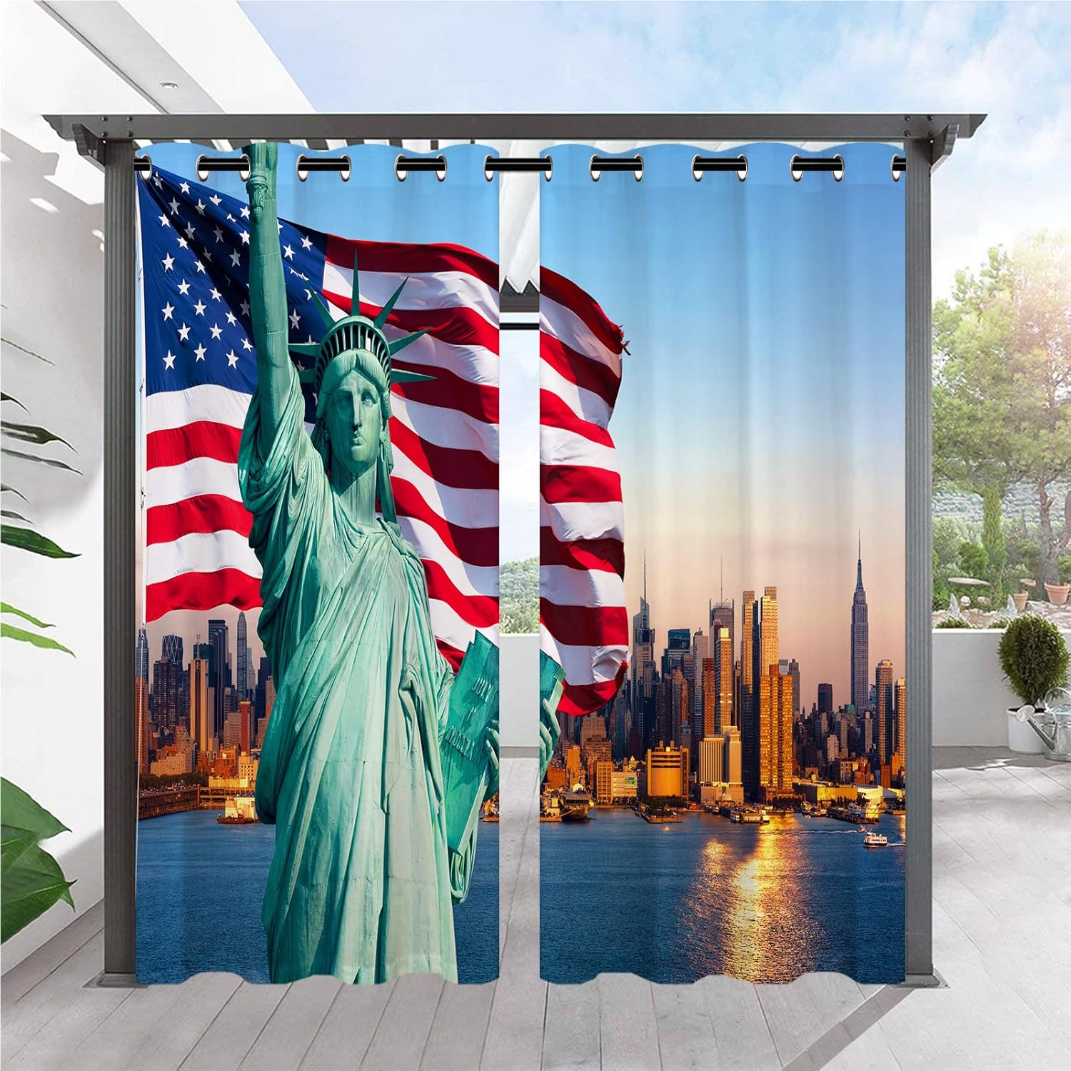 Outdoor Curtains - ANHOPE Outdoor Curtains Waterproof, Grommet Window Curtain Panels with Statue of Liberty American Flag Print Pattern, Privacy Curtains for Patio/Pergola/Gazebo/Porch/Cabana, 2 Panels, 54 x 84 Inch