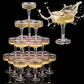 Acellegic Set of 24 Champagne Tower 7 oz Plastic Champagne Coupe Glasses Set Stackable Plastic Ribbed Martini Glasses Unbreakable Acrylic Cocktail Coupe Cups for Wedding Birthday (Glitter,Pink)