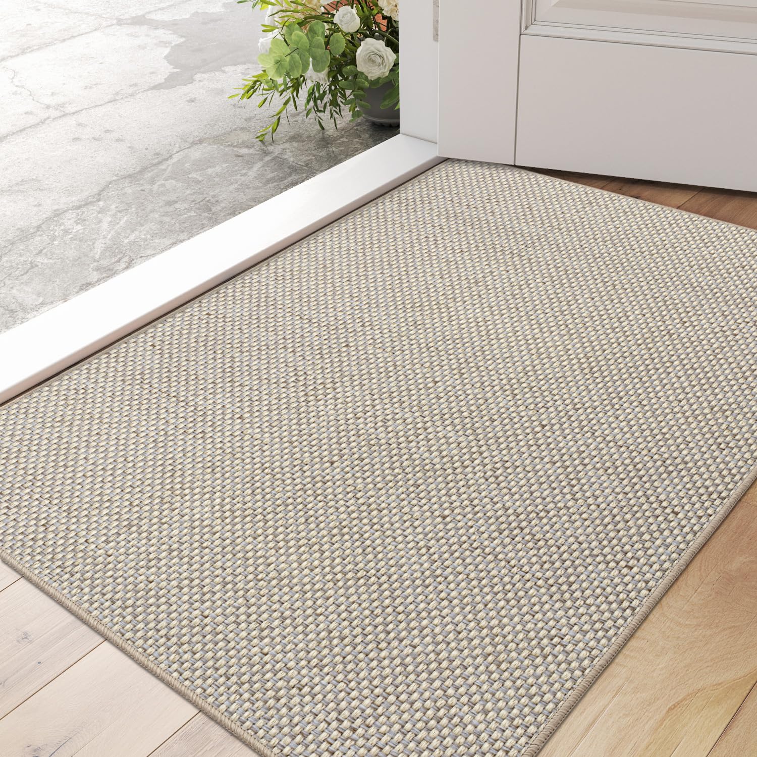 DEXI Indoor Door Mat 60 x 90 cm, Non Slip Rubber Backing, Low Profile Dirt Trapping Doormat for Entrance, Patio, Pets, Beige