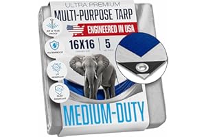 KING-A-MA-JIGS 16x16 Tarp Waterproof Plastic Tarp with Grommets Every 18 Inches - 5 Mil - Multipurpose Water Proof Rain Cover, Outdoor, Garden, Camping, Emergency Survival (Reversible Tarpaulin, Blue and Silver)
