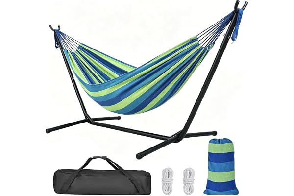 Yardlab 9Ft Double Hammock with Space Saving Steel Stand, Blue | Steel Stand included