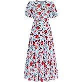 dowerme Womens Summer Dresses 2026 Casual Puff Short Sleeve V Neck Floral Boho Tiered Ruffle Maxi Dress with Pockets