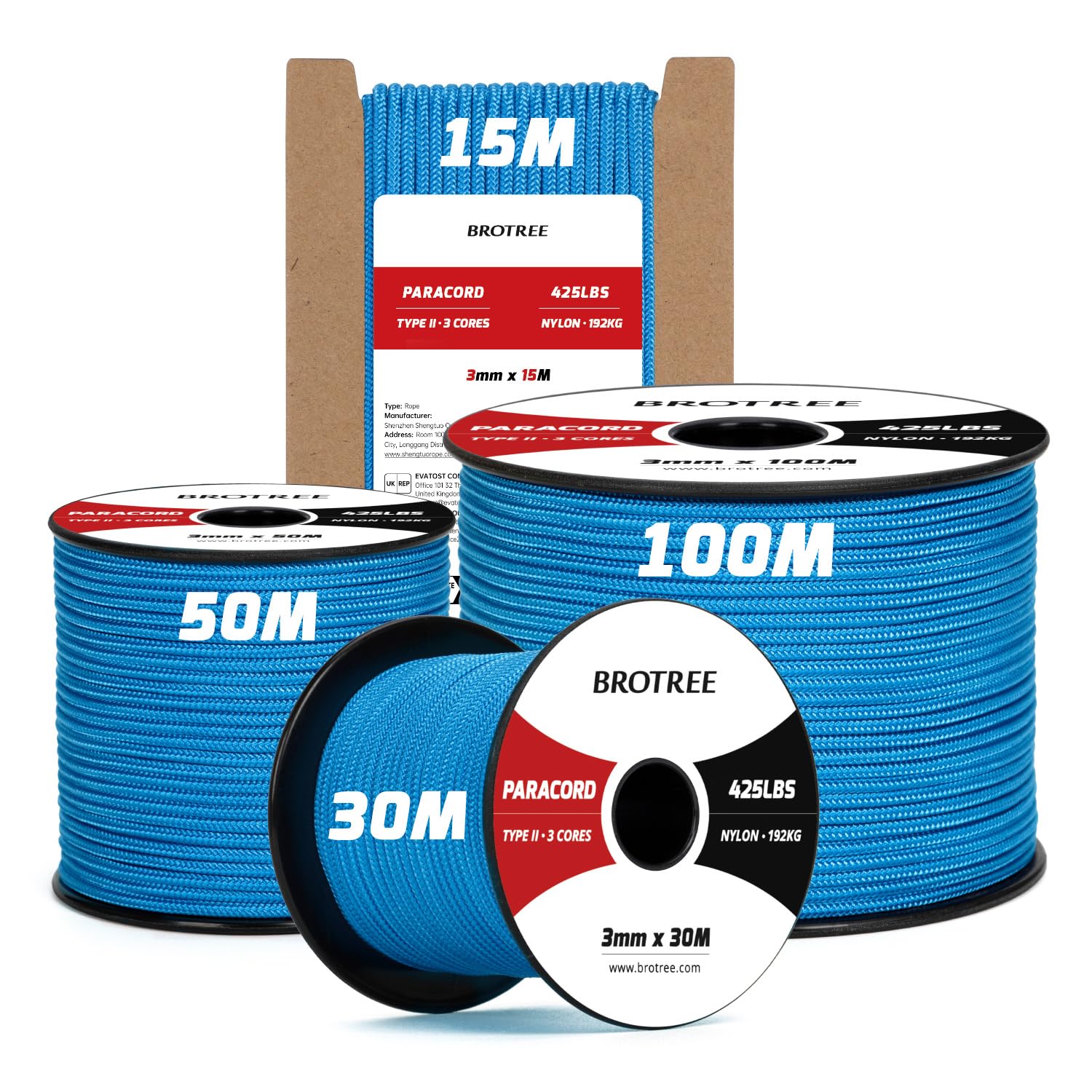 Brotree 3mm Paracord 425 100% Nylon 100M Rope 3 Strands Type II Parachute Cord for Outdoor, Craft, DIY - 192kg Breaking Load (Blue)