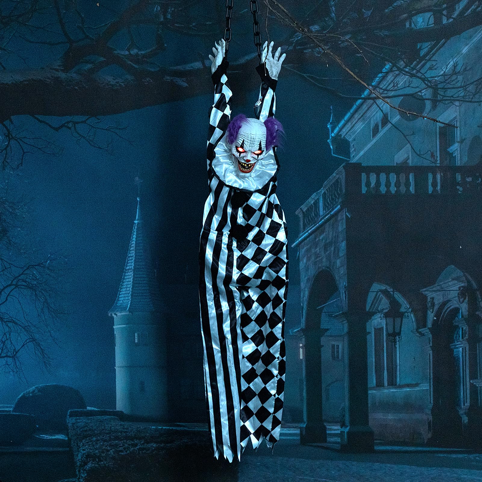 Photo 1 of HollyHOME Halloween Animated Hanging Clown with Glowing Eyes Creepy Sound and Shaking Body Halloween Decorations Outdoor Scary Haunted House Outdoor Prop Decor 60'' Black