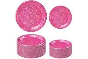 FALIZIFU 50 Pcs Iridescent Hot Pink Paper Plates 25 × 7'' and 25 × 9'' Disposable Pink Shiny Holographic Foil Dinner Plates for Wedding Baby Shower Birthday Disco Party Glitter Dessert Plate
