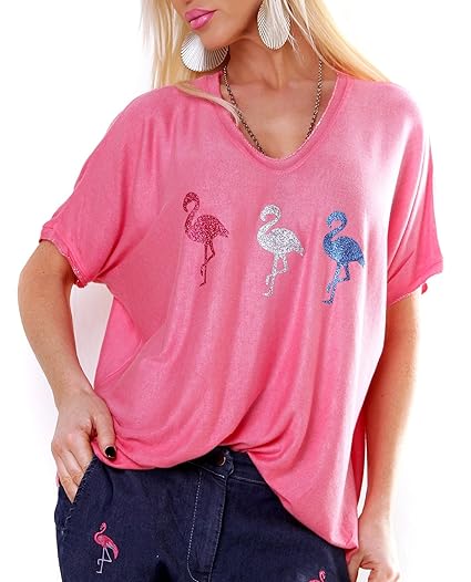 Moda Italy Kurzärmliges Oversize-Shirt IM Used-Look mit Flamingo-Print