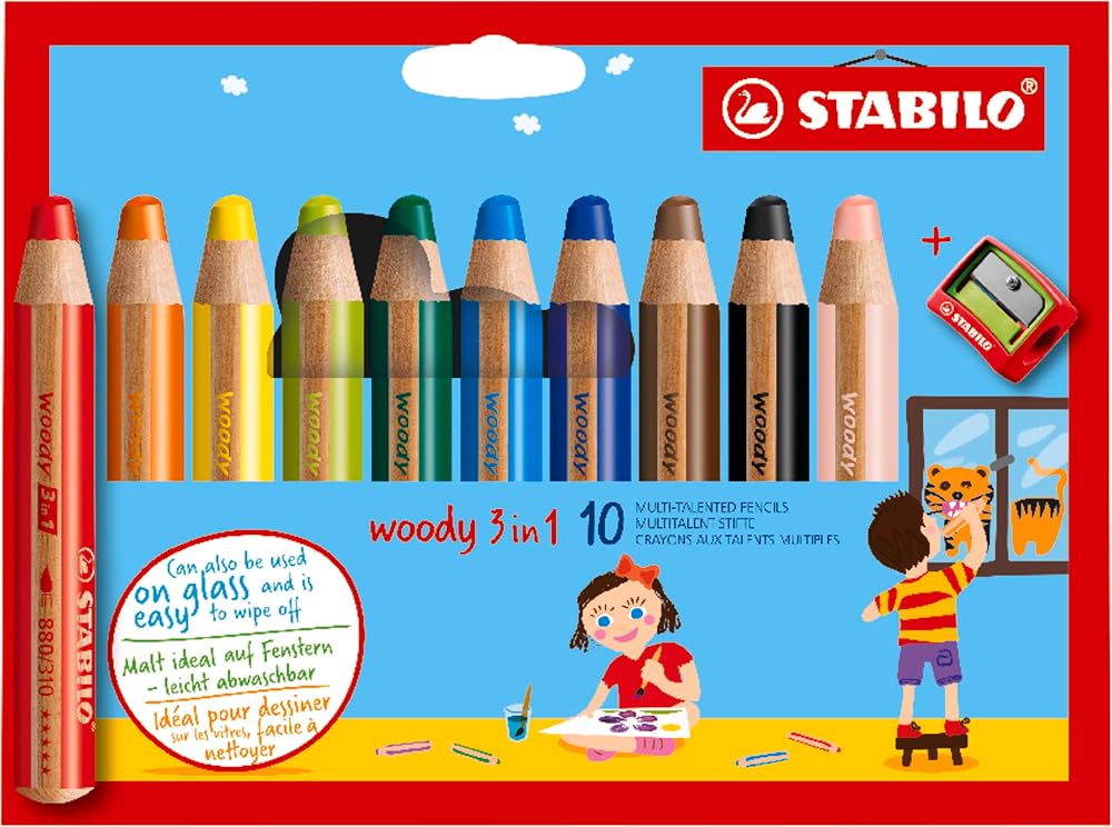 STABILO woody 3-in-1 Multi-Talented Pencil Pack of 10 Assorted Colours with
