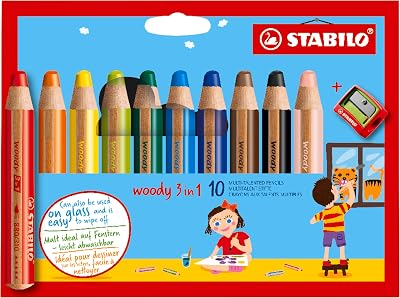 STABILO woody 3-in-1 Multi-Talented Pencil Pack of 10 Assorted Colours with