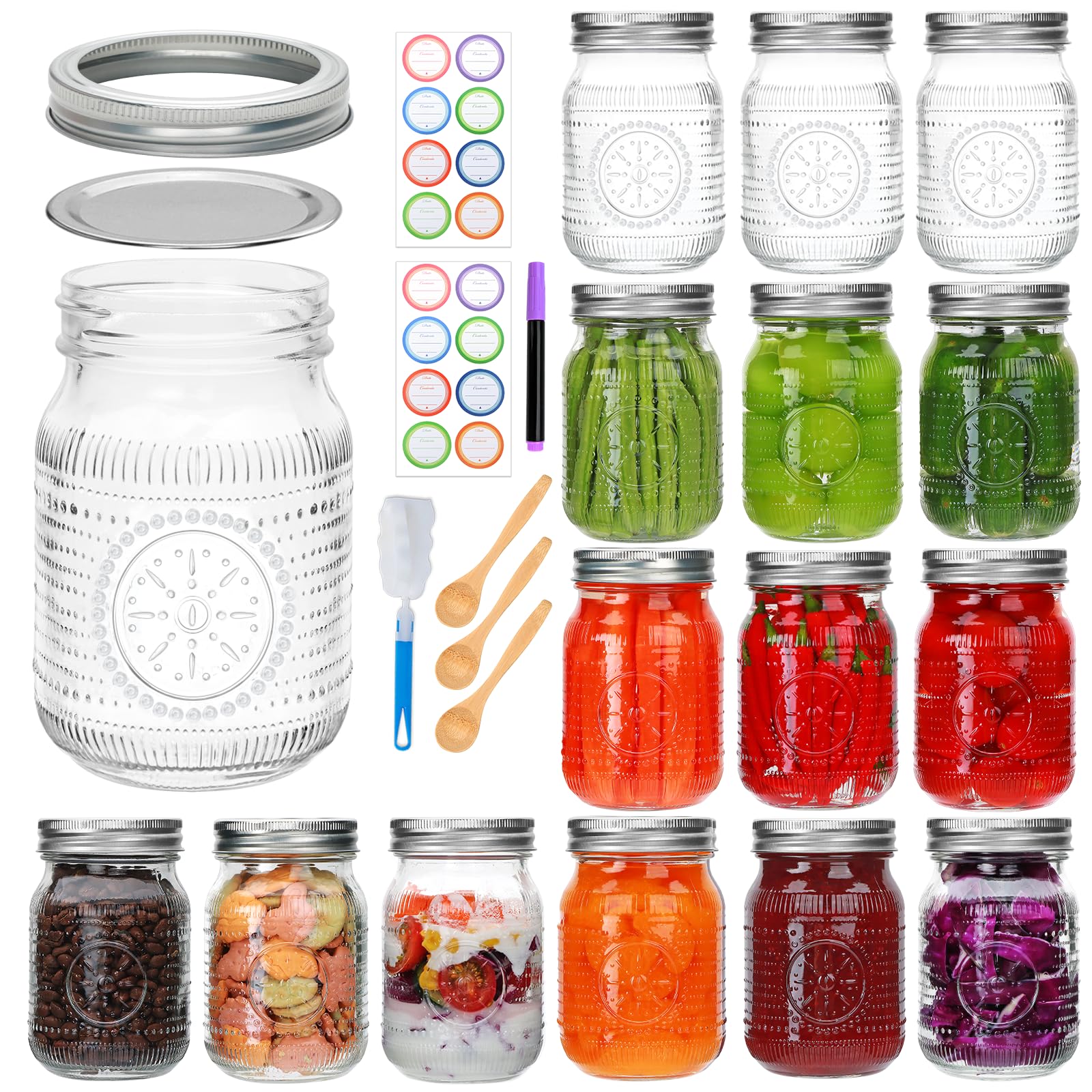 Photo 1 of Encheng 16 Pack Regular Mouth Mason Jars 16 oz with Lids,Pint Canning Jars with Metal Lids and Bands, Vintage Glass Mason Jar for Centerpieces,Preserving,Fermenting,Jelly, Jam,Candy, DIY Crafts