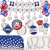 223pcs Baseball Plates Napkins Birthday Party Supplies Tableware Set Include Plates, Napkins, Cups, Cutlery, Balloons, Banner, Hanging Swirls, Tablecloths for Baseball Party Decorations Serve 24