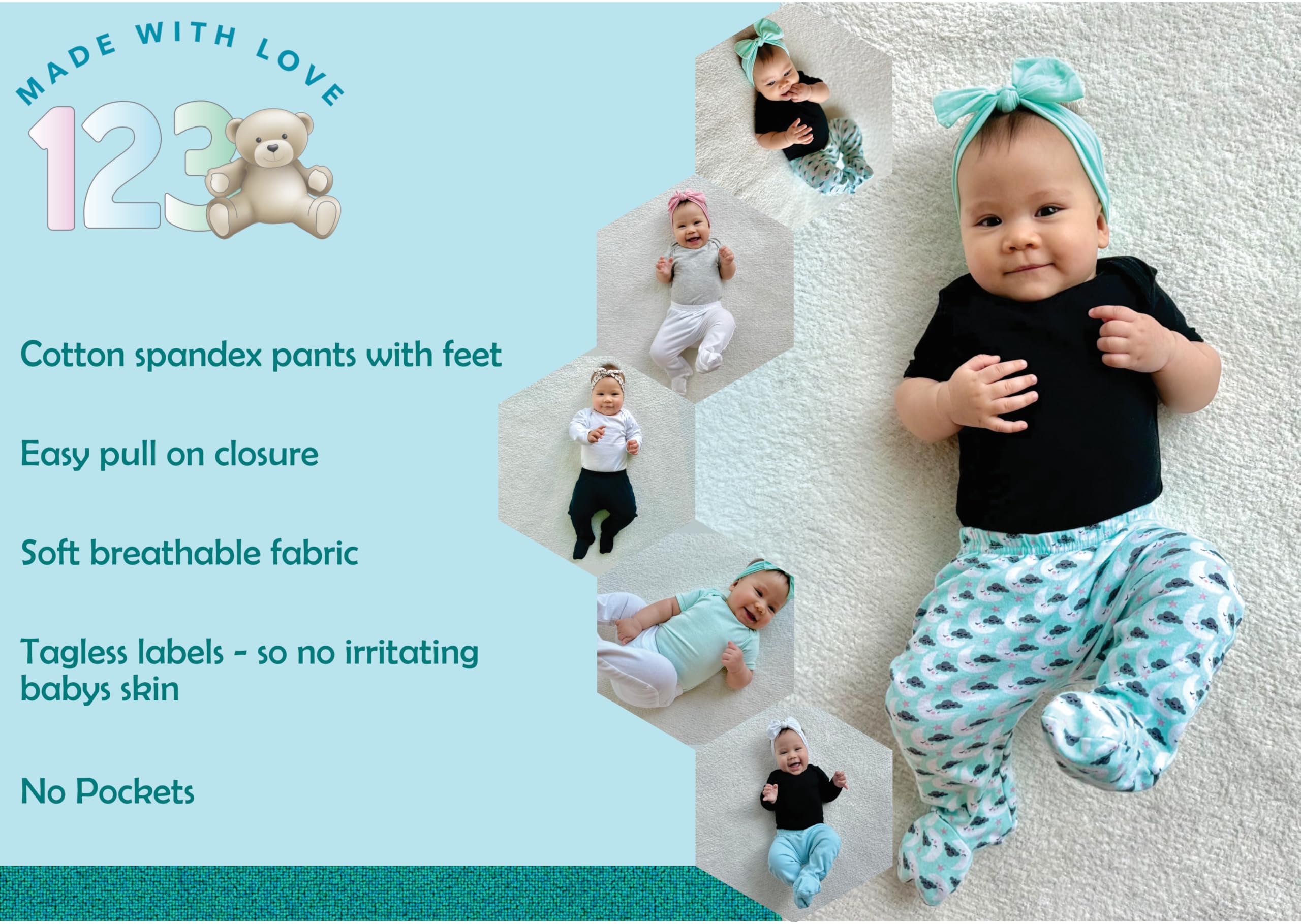 123 Bear Baby Soft Cotton Spandex Pants with Feet
