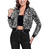 Anna-Kaci Women's Sparkly Sequin Cropped Jacket Long Sleeve Zipper Up Party Club Bomber Jacket