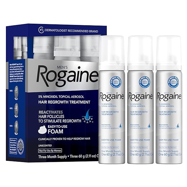 MEN’S ROGAINE 5% MINOXIDIL FOAM FOR HAIR REGROWTH, TOPICAL HAIR LOSS TREATMENT FOR MEN TO REGROW FULLER, THICKER HAIR, UNSCENTED MINOXIDIL TOPICAL AEROSOL, 3-MONTH SUPPLY, 3 X 2.11 OZ