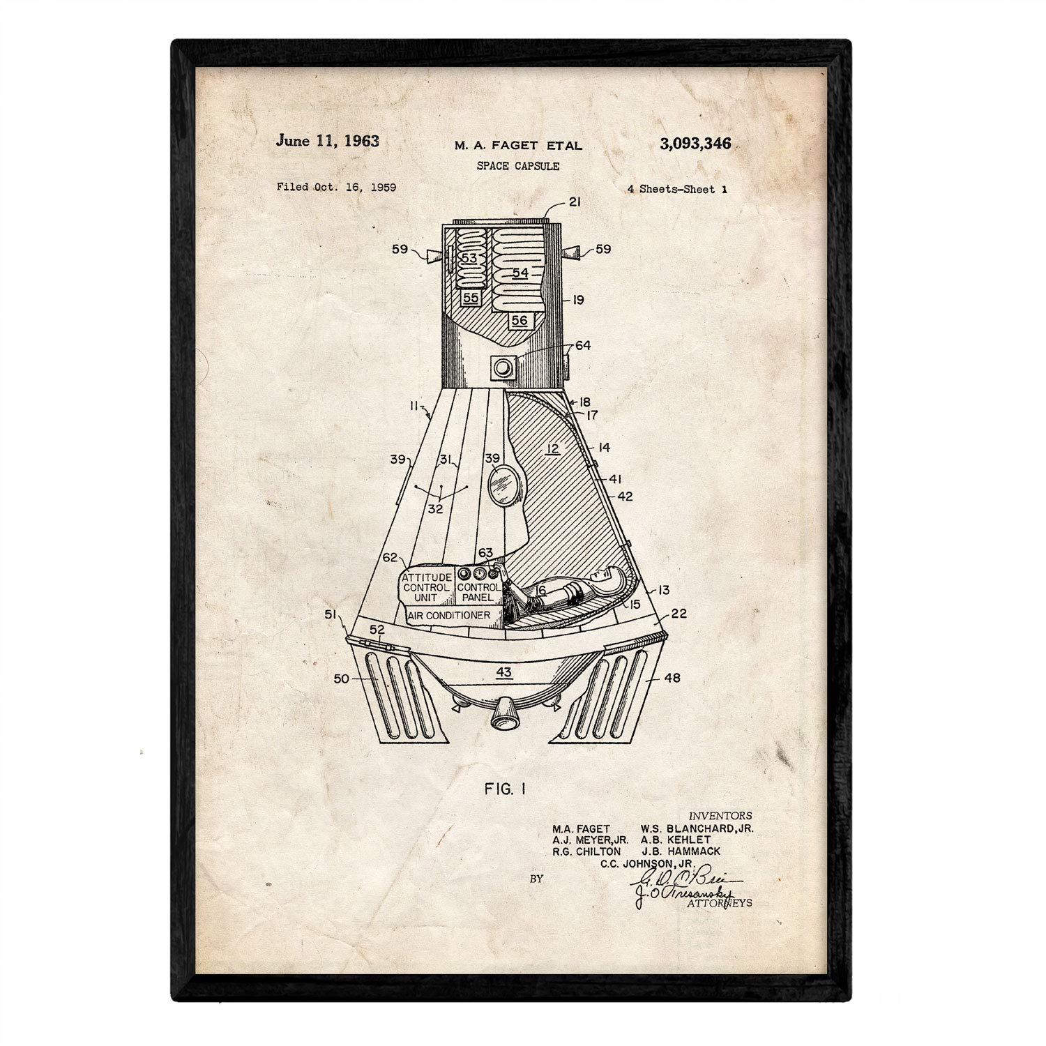 Nacnic Poster patent space capsule. Sheet with old design patent in A3 size and vintage background