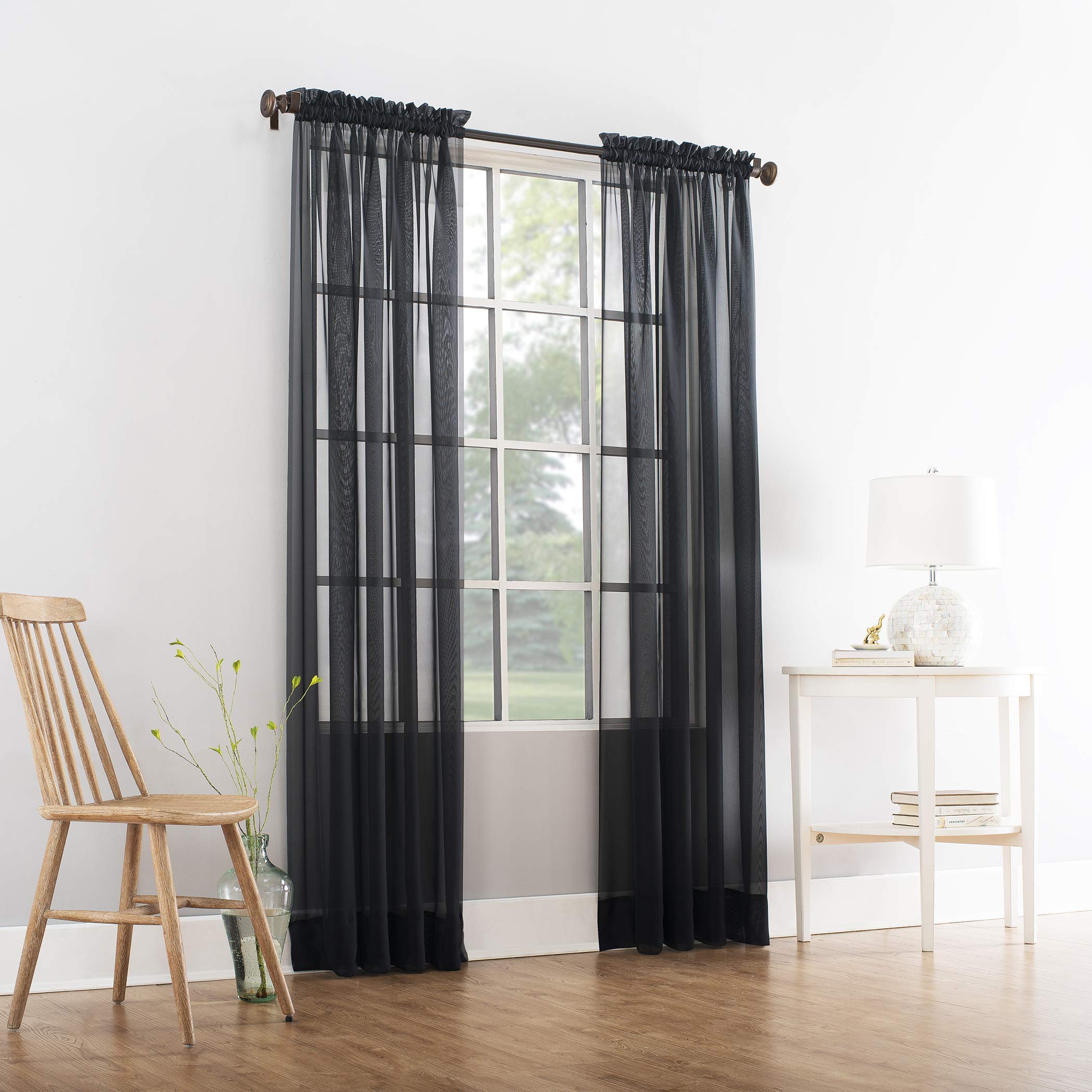 Comfy Deal 2 Pieces Beautiful Elegance Fully Stitched Window Sheer Voile Curtain Panel (Black)