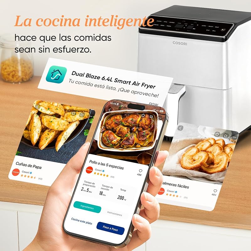 Fritadeira de ar duplo Blaze, fritadeira de ar WIFI 6.4L, 11 em 1, fritadeira sem óleo, mais de 90 receitas na aplicação criadas pelo chef em espanhol, branca, com dupla resistência, CAF-P585S
