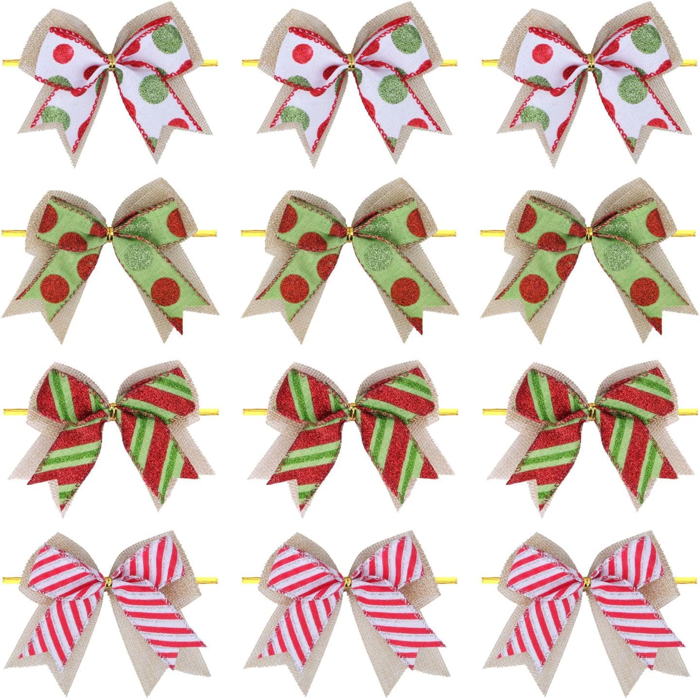 Bows & Ribbons - Meseey 12 Pcs Christmas Candy Bow 4 Inch Burlap with Red and Green Dot Bows Glitter Stripe Candy Cane Lollipop Peppermint Wreath Bows for Xmas Door Garland DIY Candy Themed Party Supplies (Christmas)