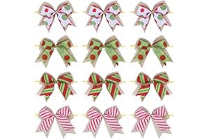 Meseey 12 Pcs Christmas Candy Bow 4 Inch Burlap with Red and Green Dot Bows Glitter Stripe Candy Cane Lollipop Peppermint Wreath Bows for Xmas Door Garland DIY Candy Themed Party Supplies (Christmas)