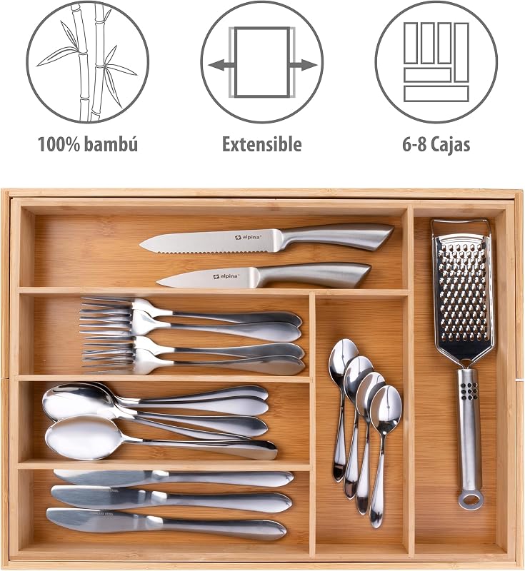 Organizador de gavetas - Talheres de gaveta de cozinha extensíveis 46x34-56,5x6 cm - Caixa organizadora de utensílios até 8 compartimentos - Para utensílios de cozinha, óculos de sol e mais - Bambu