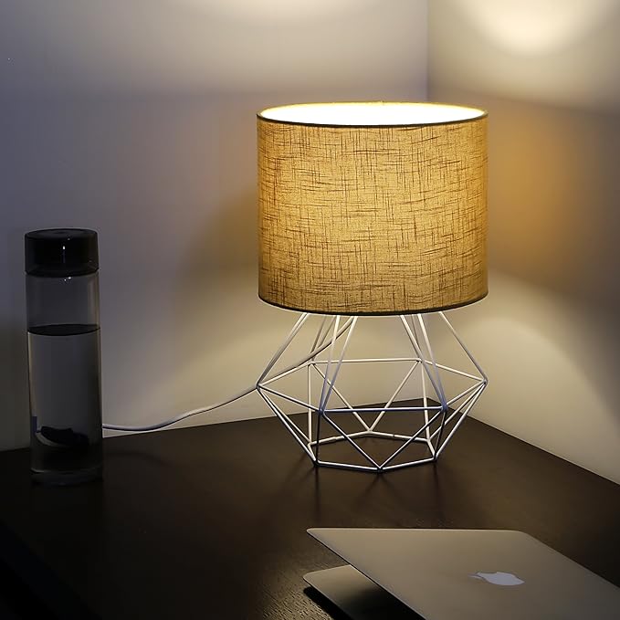 Craftter Textured Light Brown Fabric Shade White Diamond Metal Base Decorative Night Bedside Small Table Lamp