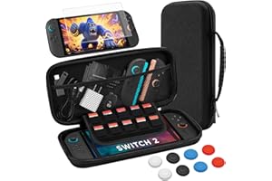 FUNLAB Slim Case for Nintendo Switch 2 2025, Switch2 Carrying Cases Accessories for Travel, Switch 2 Case and Screen Protector, Switch2 Carry Cases with Tempered Glass, 4 Thumb Grip - Black