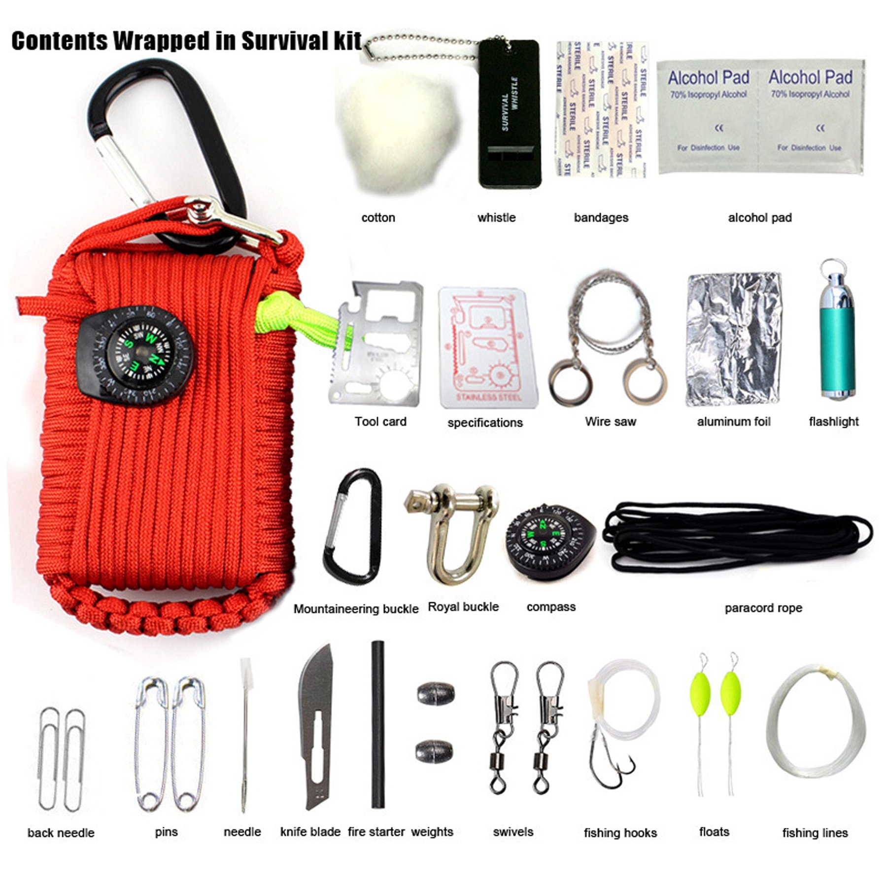 Micogo 29pcs Paracord Emergency Survival Kit,First Aid Kit & Emergency Fishing Gear Whistle Fire Starter Set & more (Red)
