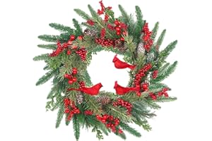 LOKEISNA Christmas Wreaths for Front Door - 22" Christmas Wreath with Cardinal, Handmade Christmas Door Wreath for Front Door Window, Xmas Wreath Winter Wreath for Christmas New Year Gift Home Décor