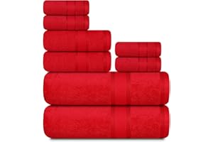 Casa Lino Bath Towel Set of 8 (2 Bath Towels, 4 Wash Cloths & 2 Hand Towels for Bathroom) - 100% Cotton - Highly Absorbent & Quick Dry - Guest Room Essentials for Bathroom Set - (Red)