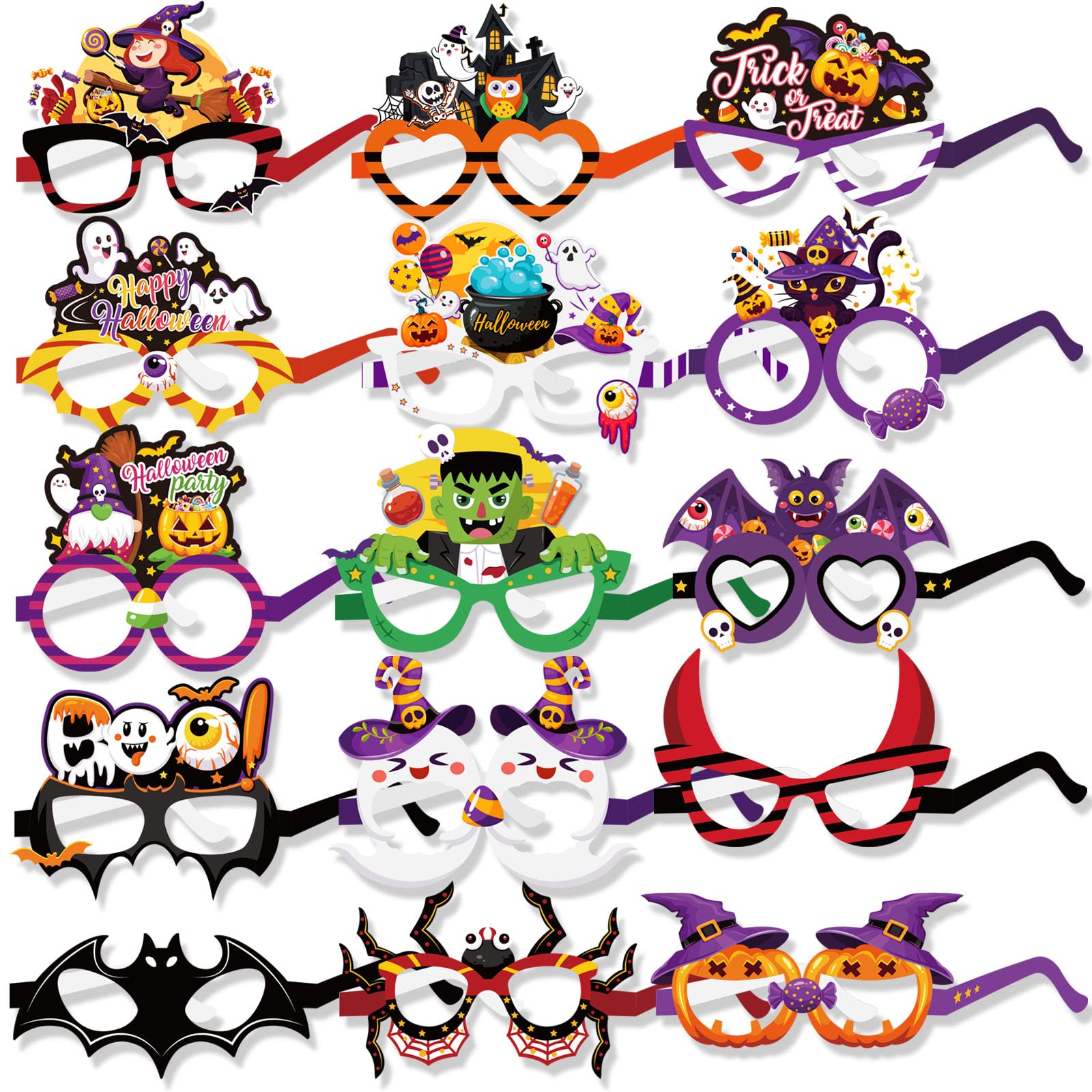 DPKOW 30pcs Paper Halloween Party Glasses for Kids Adults, Funny Halloween Photo Booth Prop for Halloween Party Favor Costume Accessories, Pumpkin Bat Spider Ghost Zombie Witch Ears BOO Sign
