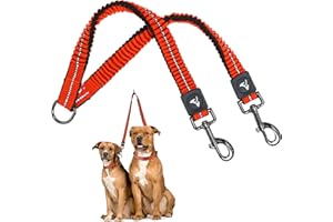 KRUZ PET Kruz Double Dog Leash for Two Dogs (Width - 3/4”, Length 17”-34”) Dual Leash Coupler with Tangle-Free Swivel, Shock-Absorbing Reflective Bungee for Comfortable Walking & Training (Orange, Medium)