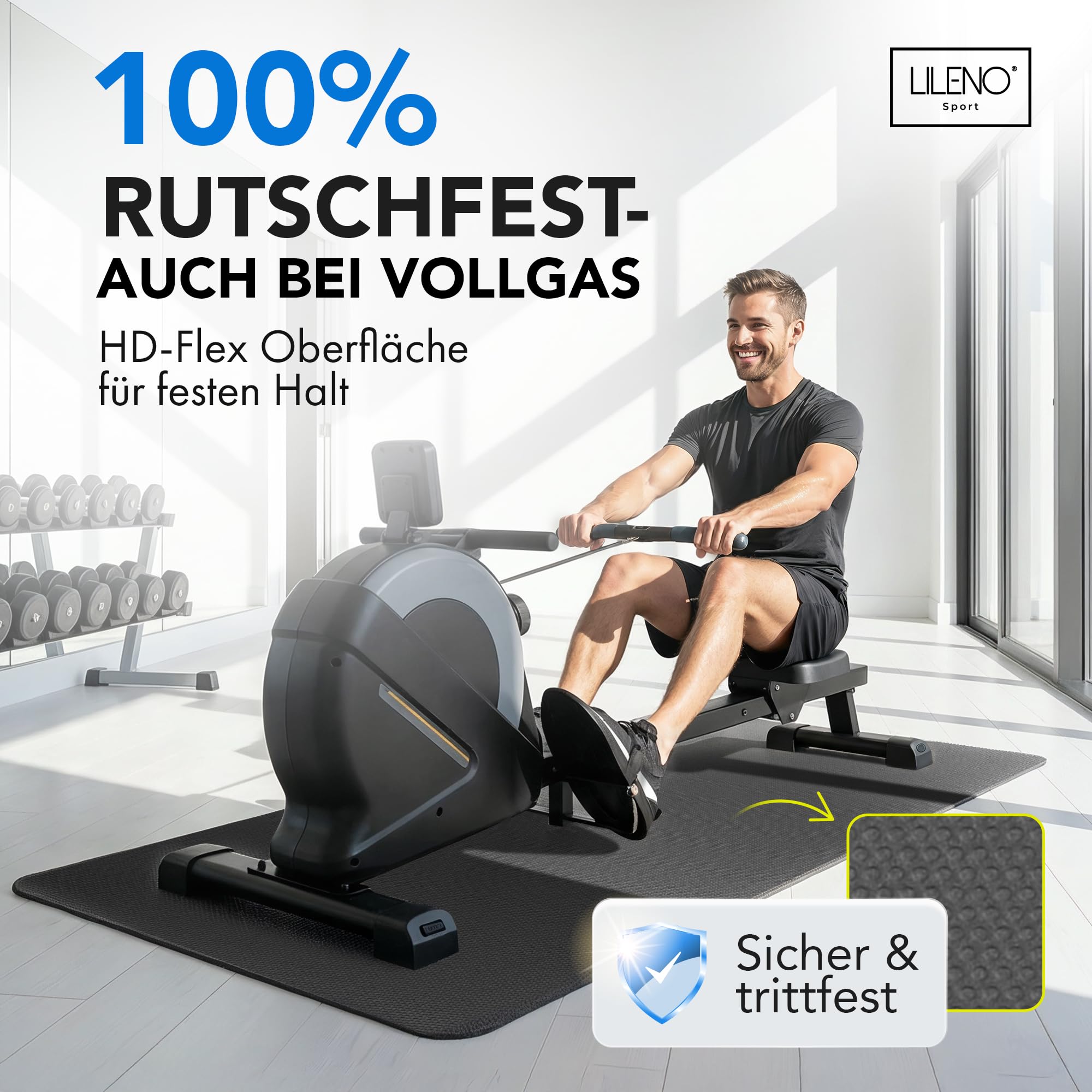 LILENO SPORTS Bodenschutzmatte Fitnessgerät 90x200 cm | 8 mm starke Fitnessgeräte Unterlage | Sportmatte und Fitnessmatte rutschfest | Ideal Schalldämmend für Crosstrainer, Laufband oder Home Gym 4