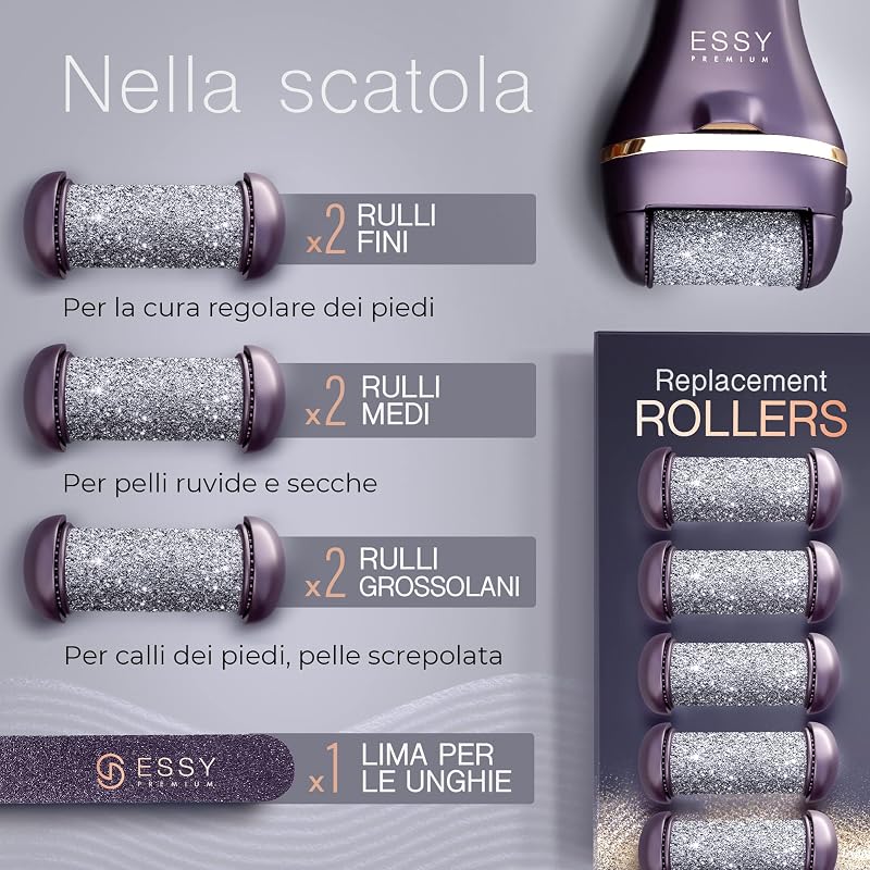Lima per Piedi Elettrica Ricaricabile con 5 Rulli di Ricambio (Viola)